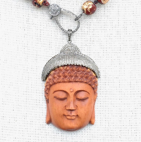 Gilded Terracotta Double-Wrap Beaded Necklace with Pave Diamond Interchangeable Buddha Pendant