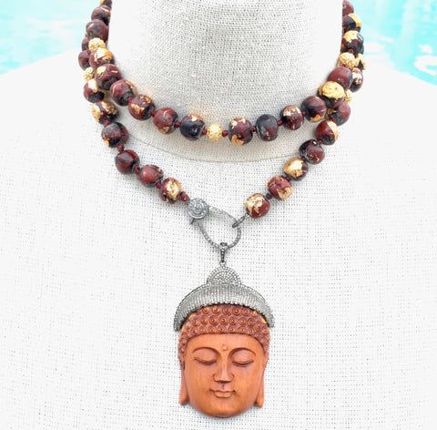 Gilded Terracotta Double-Wrap Beaded Necklace with Pave Diamond Interchangeable Buddha Pendant