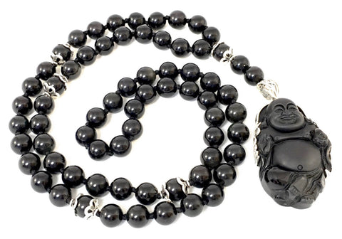 Black Obsidian Necklace with Obsidian Buddha Pendant