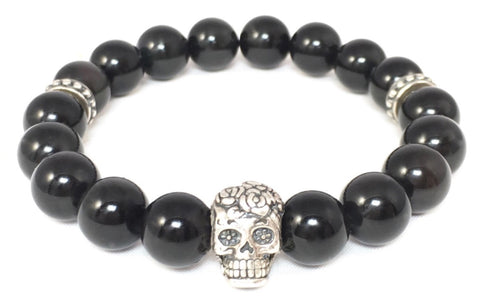 Black Obsidian Bracelet with 925 Sterling Silver Day of the Dead Skull