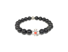 Black Obsidian Bracelet with Sterling Silver & Red Coral/Turquoise Enamel Maltese Cross