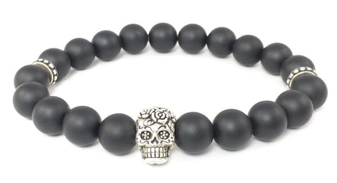 Matte Black Onyx Bracelet with Sterling Silver Day of the Dead Skull