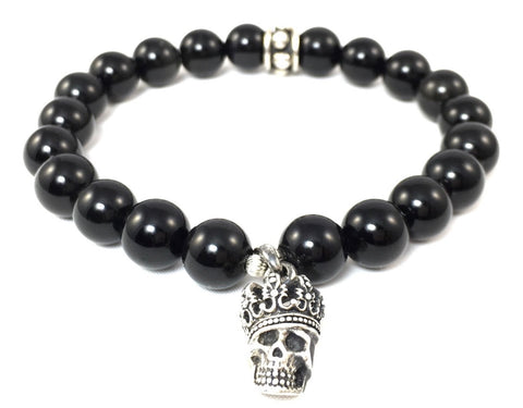 Black Obsidian Bracelet with Sterling Silver Skull King