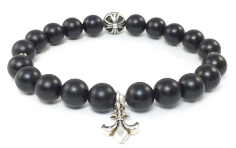 Matte Black Onyx Bracelet with Sterling Silver Fleur-De-Lis Charm & Maltese Cross Spacer