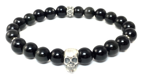 Black Obsidian Bracelet with Sterling Silver Skull