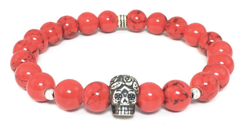 Red Coral Bracelet with Sterling Silver Day of the Dead Skull