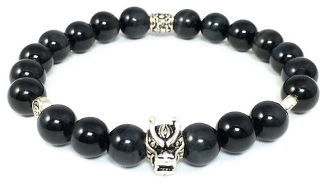 Black Obsidian Bracelet with Sterling Silver Wolf