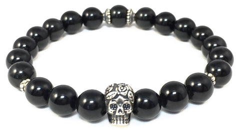 Black Obsidian Bracelet with Sterling Silver Day of the Dead Skull
