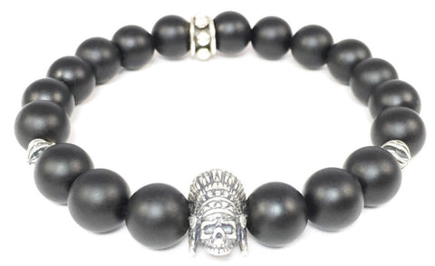 Matte Black Onyx Bracelet with Sterling Silver Indian Skull & Sterling Silver "Gear" Spacer