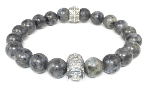 Labradorite Bracelet with Sterling Silver Indian Skull & Fleur-de-Lis Spacer