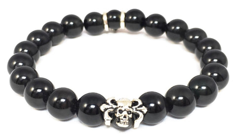Black Obsidian Bracelet with Sterling Silver Skull & Arrows