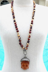 Gilded Terracotta Double-Wrap Beaded Necklace with Pave Diamond Interchangeable Buddha Pendant