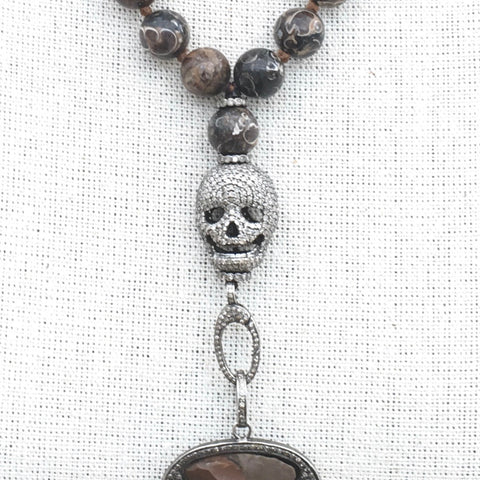 Turritella Agate Necklace with Pave Diamond 3D Skull, Lobster Clasp and Interchangeable Arrow Pendant