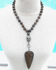 Turritella Agate Necklace with Pave Diamond 3D Skull, Lobster Clasp and Interchangeable Arrow Pendant