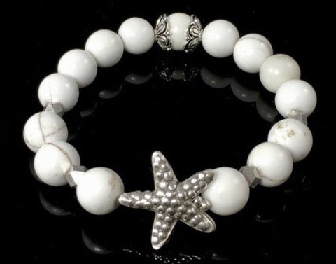 Natural Tibetan Conch Shell Beaded Bracelet with Sterling Silver Starfish, Spacers & Bead Caps.