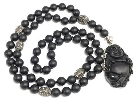 Matte Black Onyx and Pavé Necklace with Obsidian Buddha Pendant