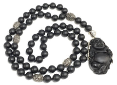 Matte Black Onyx and Pavé Necklace with Obsidian Buddha Pendant