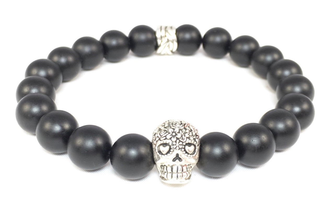 Matte Black Onyx Bracelet with Sterling Silver Day of the Dead Skull
