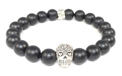 Matte Black Onyx Bracelet with Sterling Silver Day of the Dead Skull