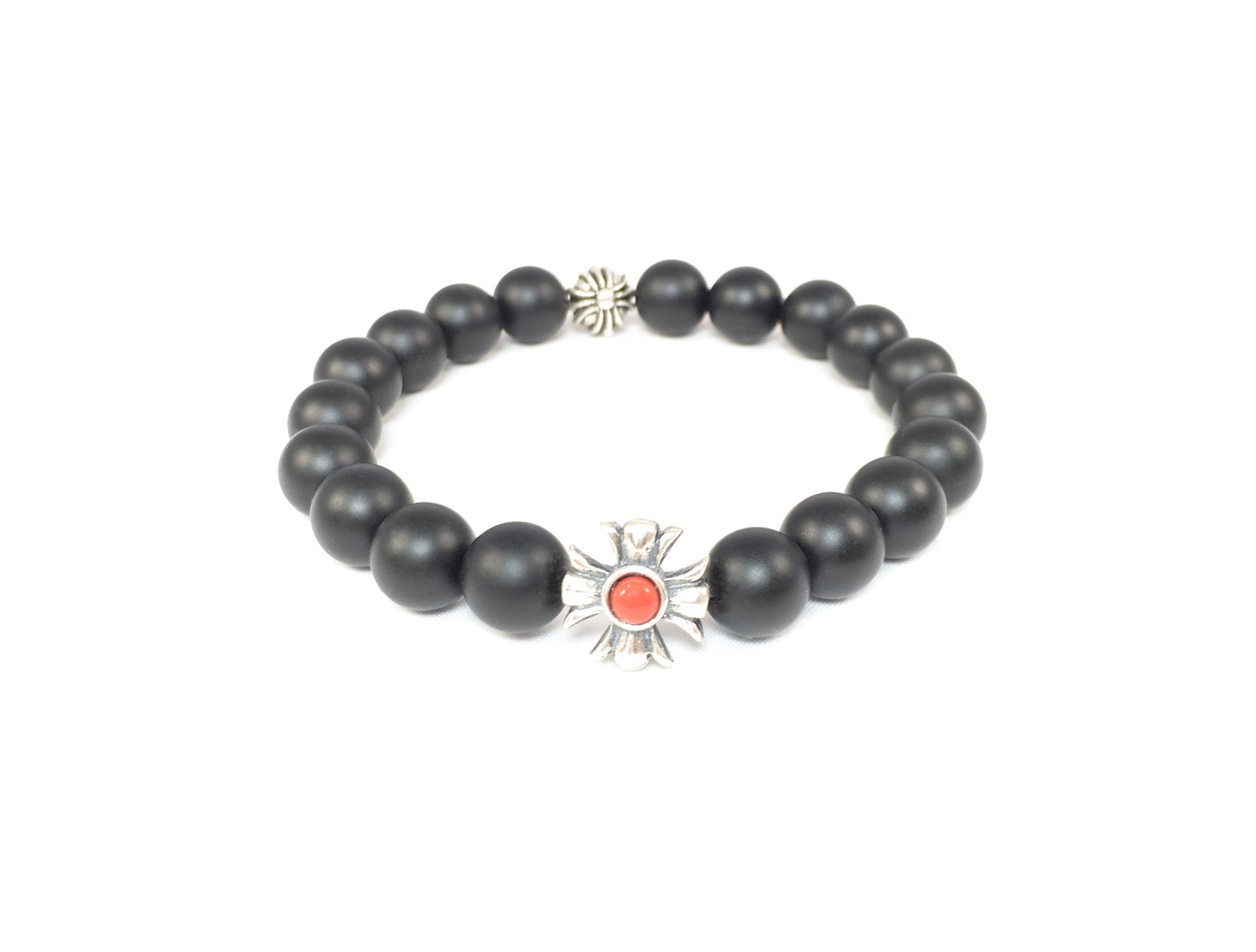 Matte Black Onyx Bracelet with Sterling Silver & Turquoise/Red Coral Enamel Maltese Cross