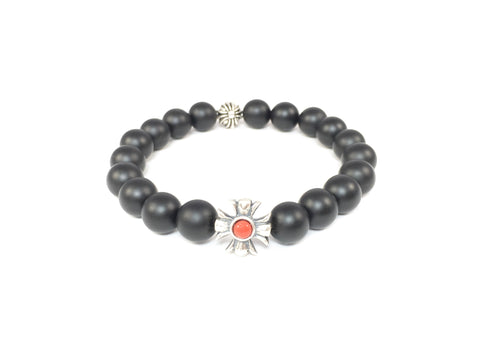 Matte Black Onyx Bracelet with Sterling Silver & Turquoise/Red Coral Enamel Maltese Cross