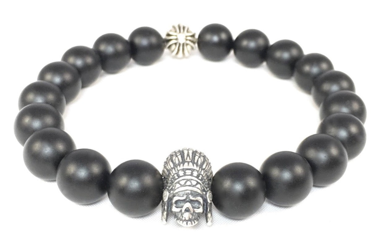 Matte Black Onyx Bracelet with Sterling Silver Indian Skull & Maltese Cross Spacer