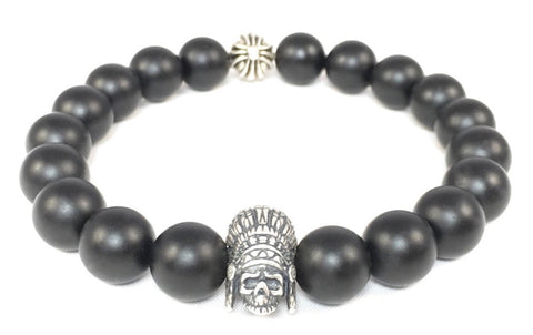 Matte Black Onyx Bracelet with Sterling Silver Indian Skull & Maltese Cross Spacer
