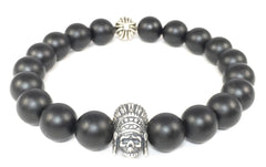 Matte Black Onyx Bracelet with Sterling Silver Indian Skull & Maltese Cross Spacer